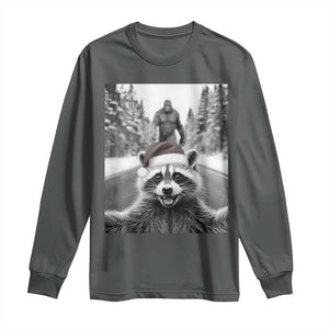 Funny Racoon With Bigfoot Selfie Christmas Long Sleeve Shirt TS14 Dark Heather Print Your Wear