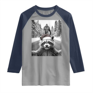 Funny Racoon With Bigfoot Selfie Christmas Raglan Shirt TS14 Sport Gray Navy Print Your Wear