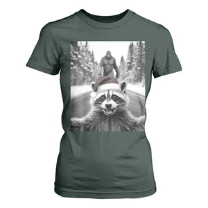 Funny Racoon With Bigfoot Selfie Christmas T Shirt For Women TS14 Dark Forest Green Print Your Wear