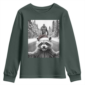 Funny Racoon With Bigfoot Selfie Christmas Youth Sweatshirt TS14 Dark Forest Green Print Your Wear