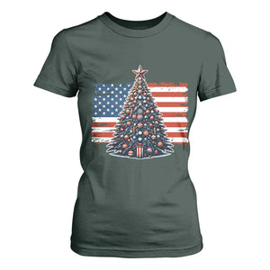 Patriotic American Flag Christmas T Shirt For Women TS14 Dark Forest Green Print Your Wear