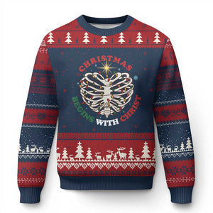 Funny Skeleton Christian Ugly Christmas Sweater Xmas Begins With Christ TS14 Navy Red Print Your Wear