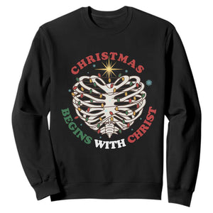 Funny Skeleton Christian Sweatshirt Christmas Begins With Christ TS14 Black Print Your Wear