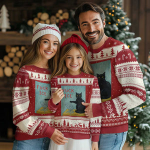 No Ice Please Ugly Christmas Sweater Funny Cat Anti ICE Artist Meme TS14 Red Beige Print Your Wear