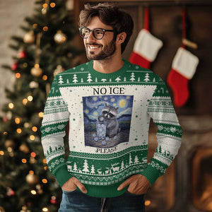 No Ice Please Ugly Christmas Sweater Starry Night Raccoon Trash Panda Anti ICE Meme TS14 Beige Green Print Your Wear