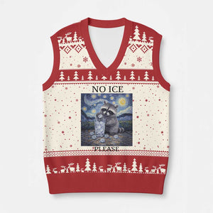 No Ice Please V-Neck Knit Sweater Vest Starry Night Raccoon Trash Panda Anti ICE Meme TS14 Beige Red Print Your Wear