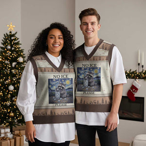 No Ice Please V-Neck Knit Sweater Vest Starry Night Raccoon Trash Panda Anti ICE Meme TS14 Mocha Mousse Print Your Wear