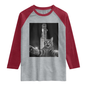 Funny Cat Selfie Lunar Mission 2026 Raglan Shirt TS14 Heather Gray Heather Red Print Your Wear