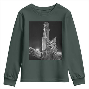 Funny Cat Selfie Lunar Mission 2026 Youth Sweatshirt TS14 Dark Forest Green Print Your Wear