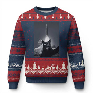 Funny Black Cat Selfie Ugly Christmas Sweater Back To The Moon Mission 2026 TS14 Navy Red Print Your Wear