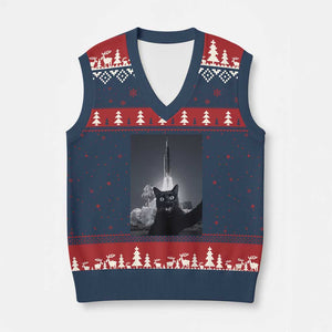 Funny Black Cat Selfie V-Neck Knit Sweater Vest Back To The Moon Mission 2026 TS14 Navy Red Print Your Wear