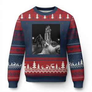 Funny Cat Selfie with Bigfoot Ugly Christmas Sweater Back To The Moon Mission 2026 TS14 Navy Red Print Your Wear