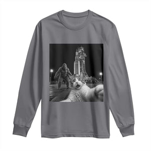 Funny Cat Selfie with Bigfoot Long Sleeve Shirt Back To The Moon Mission 2026 TS14 Charcoal Print Your Wear