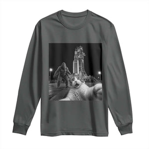 Funny Cat Selfie with Bigfoot Long Sleeve Shirt Back To The Moon Mission 2026 TS14 Dark Heather Print Your Wear