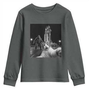 Funny Cat Selfie with Bigfoot Youth Sweatshirt Back To The Moon Mission 2026 TS14 Dark Heather Print Your Wear