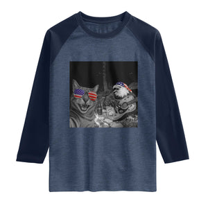Funny Cat Selfie 4th of July Raglan Shirt Patriotic Eagle American Flag Gift TS14 Heather Denim Navy Print Your Wear