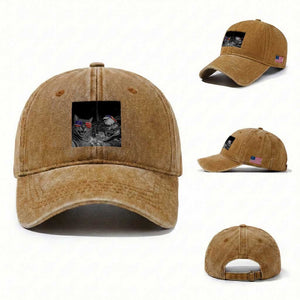 Funny Cat Selfie 4th of July Washed Cotton Baseball Cap Patriotic Eagle American Flag Gift TS14 Washed Cap Universal Fit Yellow Ochre Print Your Wear