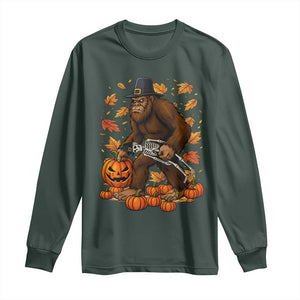 Funny Bigfoot Skeleton Long Sleeve Shirt Thanksgiving Day Sasquatch Pilgrim TS14 Dark Forest Green Print Your Wear