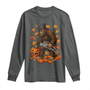Funny Bigfoot Skeleton Long Sleeve Shirt Thanksgiving Day Sasquatch Pilgrim TS14 Dark Heather Print Your Wear