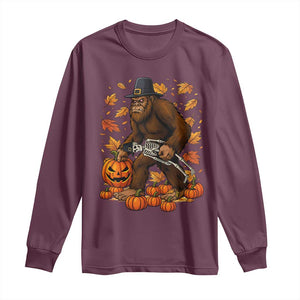 Funny Bigfoot Skeleton Long Sleeve Shirt Thanksgiving Day Sasquatch Pilgrim TS14 Maroon Print Your Wear