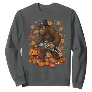 Funny Bigfoot Skeleton Sweatshirt Thanksgiving Day Sasquatch Pilgrim TS14 Dark Heather Print Your Wear