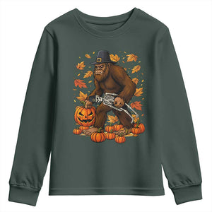 Funny Bigfoot Skeleton Youth Sweatshirt Thanksgiving Day Sasquatch Pilgrim TS14 Dark Forest Green Print Your Wear