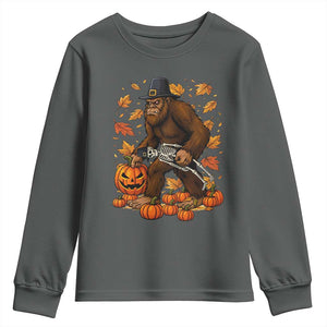 Funny Bigfoot Skeleton Youth Sweatshirt Thanksgiving Day Sasquatch Pilgrim TS14 Dark Heather Print Your Wear
