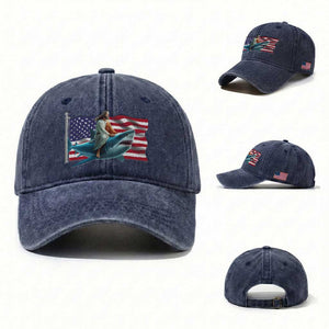 Funny Jesus Shark Washed Cotton Baseball Cap Christian Patriotic American Flag Meme TS14 Washed Cap Universal Fit Navy Print Your Wear