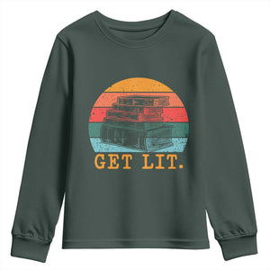 Book Lover Youth Sweatshirt Get Lit Literature Reading TS14 Dark Forest Green Print Your Wear