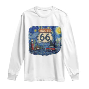 Route Highway 66 Road Sign Distressed Road Trip Starry Night Long Sleeve Shirt