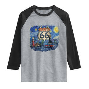 Route Highway 66 Road Sign Distressed Road Trip Starry Night Raglan Shirt