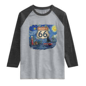 Route Highway 66 Road Sign Distressed Road Trip Starry Night Raglan Shirt