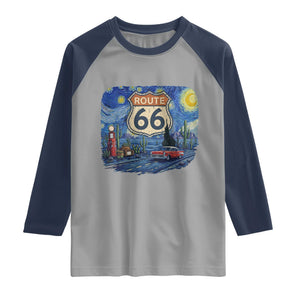 Route Highway 66 Road Sign Distressed Road Trip Starry Night Raglan Shirt