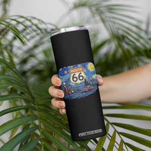Route Highway 66 Road Sign Distressed Road Trip Starry Night Skinny Tumbler