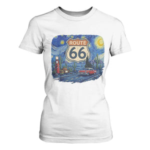 Route Highway 66 Road Sign Distressed Road Trip Starry Night T Shirt For Women