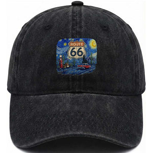 Route Highway 66 Road Sign Distressed Road Trip Starry Night Washed Cotton Baseball Cap