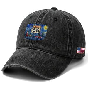 Route Highway 66 Road Sign Distressed Road Trip Starry Night Washed Cotton Baseball Cap