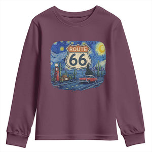 Route Highway 66 Road Sign Distressed Road Trip Starry Night Youth Sweatshirt