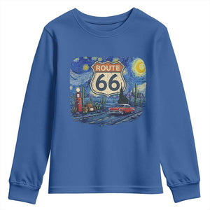 Route Highway 66 Road Sign Distressed Road Trip Starry Night Youth Sweatshirt