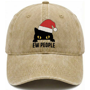 Funny Cat Christmas Washed Cotton Baseball Cap Ew People Anti Social Grumpy Cat Xmas TS14 Washed Cap Universal Fit Khaki Print Your Wear