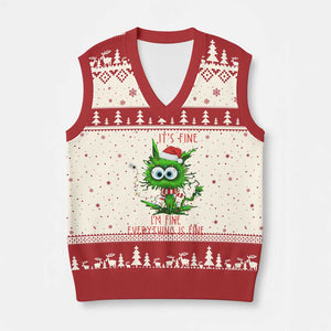 Funny Cat Green Xmas V-Neck Knit Sweater Vest It Is Fine I Am Fine Everything Is Fine TS14 Beige Red Print Your Wear