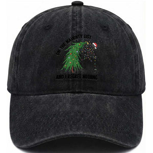 Funny Black Cat Christmas Washed Cotton Baseball Cap On the Naughty List And I Regret Nothing TS14 Washed Cap Universal Fit Black Print Your Wear