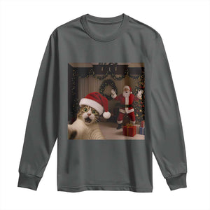 Funny Cat With Santa Selfie Christmas Long Sleeve Shirt TS14 Dark Heather Print Your Wear