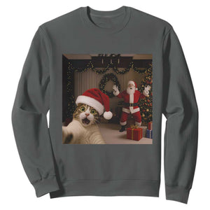 Funny Cat With Santa Selfie Christmas Sweatshirt TS14 Dark Heather Print Your Wear
