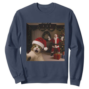 Funny Cat With Santa Selfie Christmas Sweatshirt TS14 Navy Print Your Wear