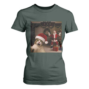 Funny Cat With Santa Selfie Christmas T Shirt For Women TS14 Dark Forest Green Print Your Wear