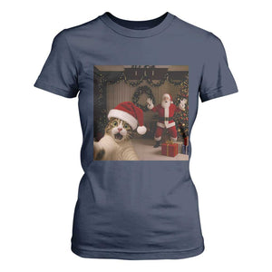 Funny Cat With Santa Selfie Christmas T Shirt For Women TS14 Navy Print Your Wear
