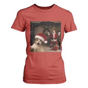 Funny Cat With Santa Selfie Christmas T Shirt For Women TS14 Red Print Your Wear