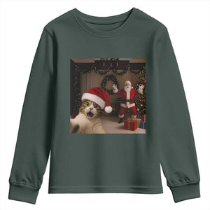 Funny Cat With Santa Selfie Christmas Youth Sweatshirt TS14 Dark Forest Green Print Your Wear