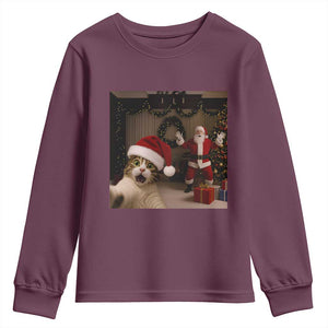 Funny Cat With Santa Selfie Christmas Youth Sweatshirt TS14 Maroon Print Your Wear